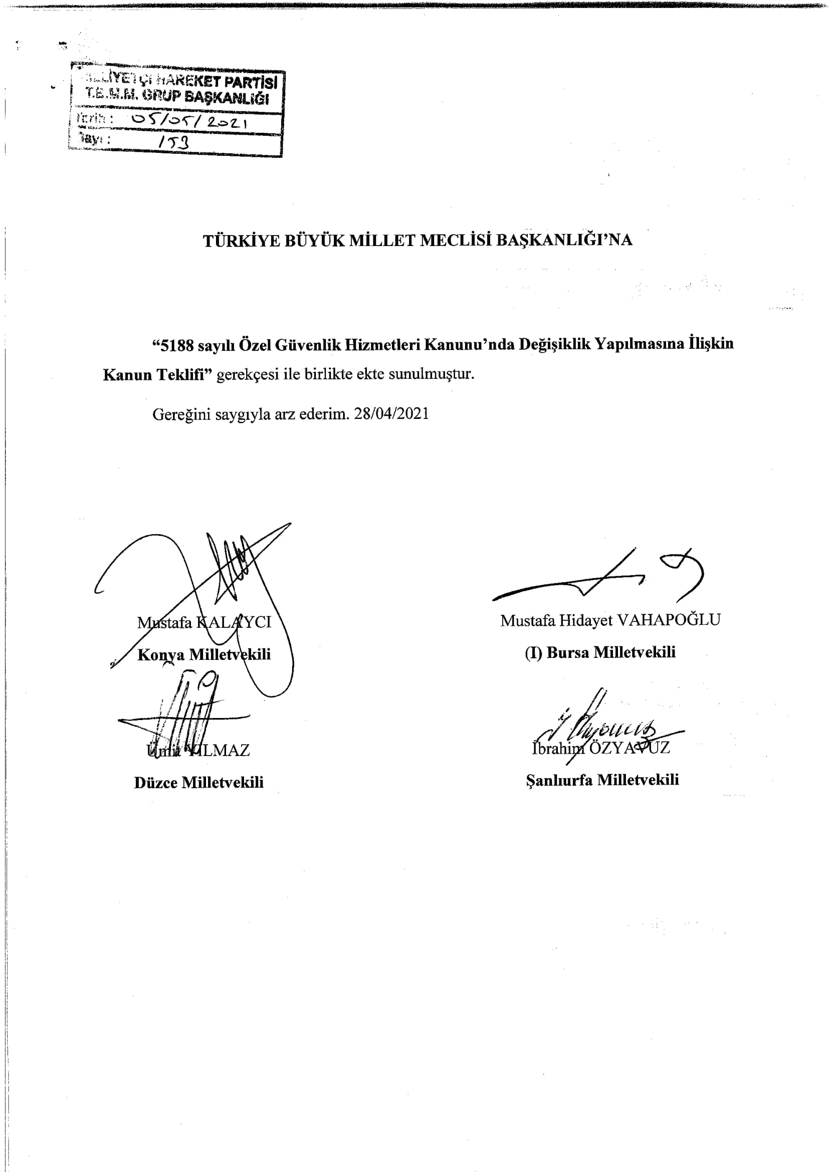 5188 Özel Güvenlik Hizmetleri Kanununda Değişiklik Yapılmasına İlişkin Kanun Teklifi İçişleri Komisyonuna Sunuldu