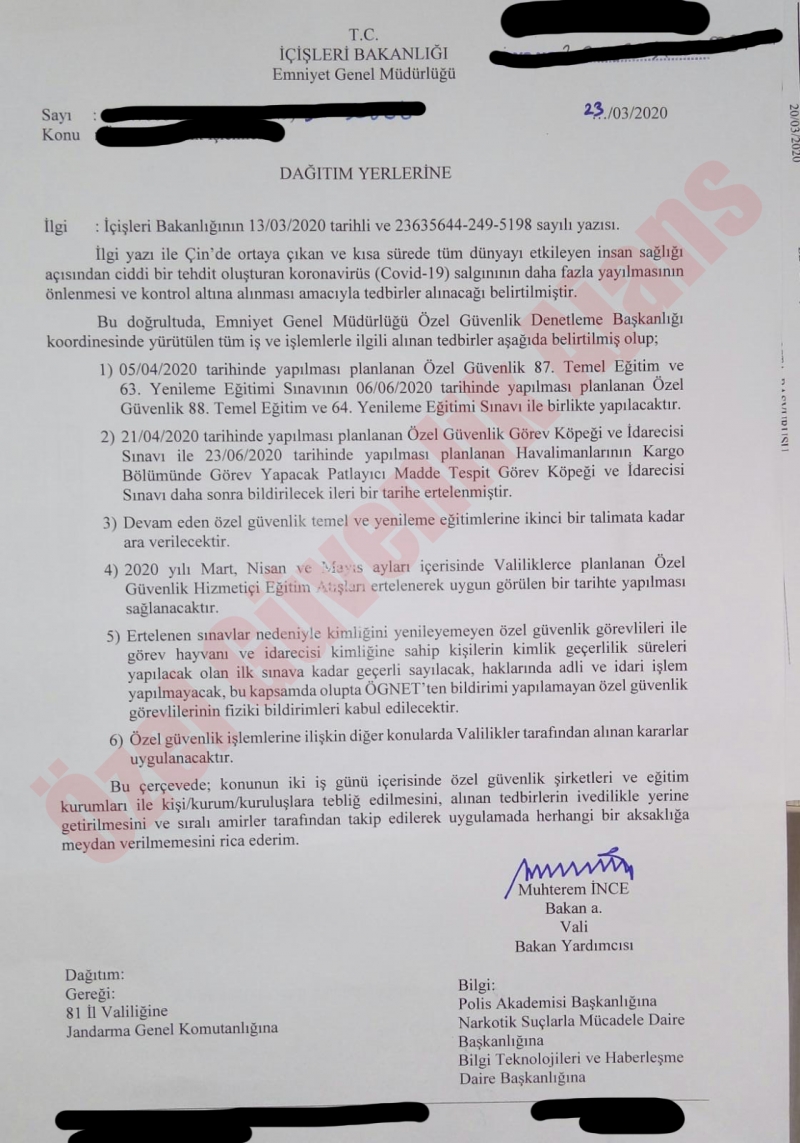 Özel güvenlik 87. temel eğitim ve 63.yenileme eğitimi sınavı ertelendi