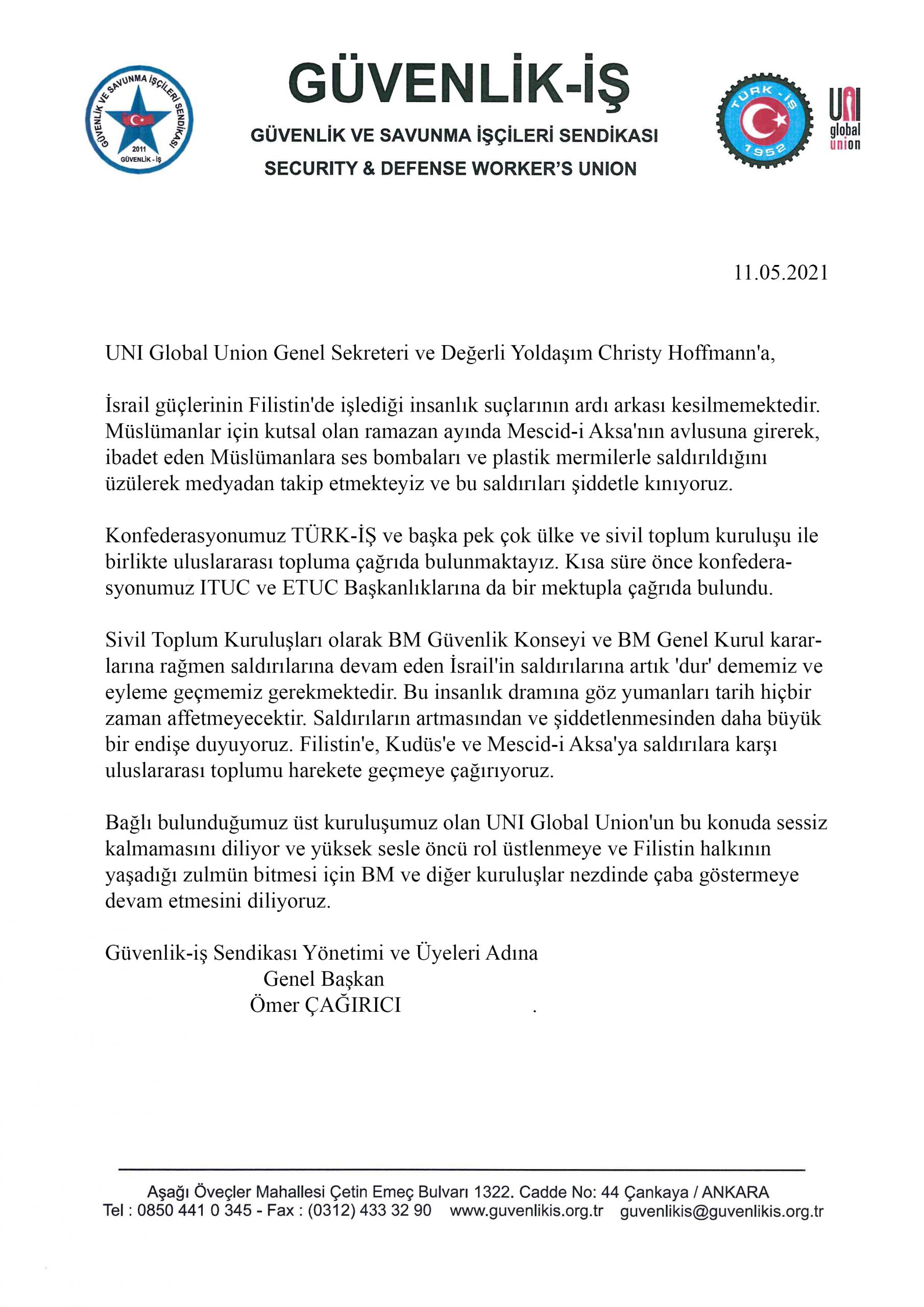 Güvenlik-İş Sendikasından, Dünya Küresel Sendikalar Birliği UNI GLOBAL UNION’a Uluslararası Filistin Çağrısı